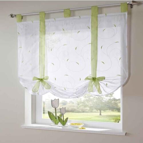 1pcs Luxury Ribbon Pastoral Roman Curtain Embroidered Floral Window Curtains Short Sheer Tulle Voile for Living Room Kitchen