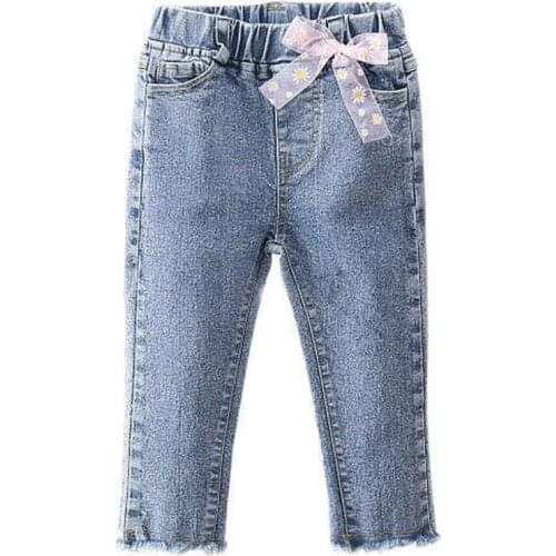 2021 Blue bow fashion Girls casual jeans children pants spring autumn baby kids girls trousers P2030