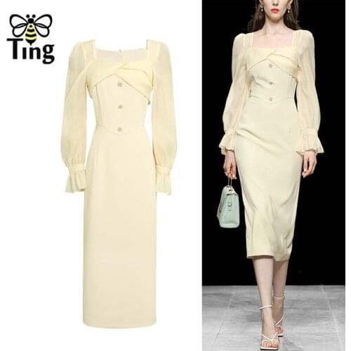 Tingfly Women Designer Fashion Spring Autumn Chic Yellow Color Office Work Dress Vintage Elegant Lady Style Midi Elbise Clothes