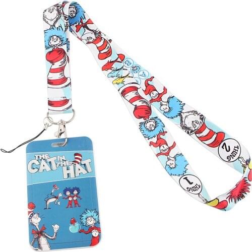 ER667 Smart Cat And The Hat Cartoon Card Holder ID Holder Bus Card Holder Staff Card With Lanyard Fashion Gifts For Child Kid