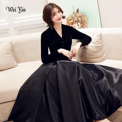 Wei yin Black Velvet Evening Dresses 2021 New Sexy Long V-neck Long Sleeve Vintage Cheap Formal Dresses for Women WY1547