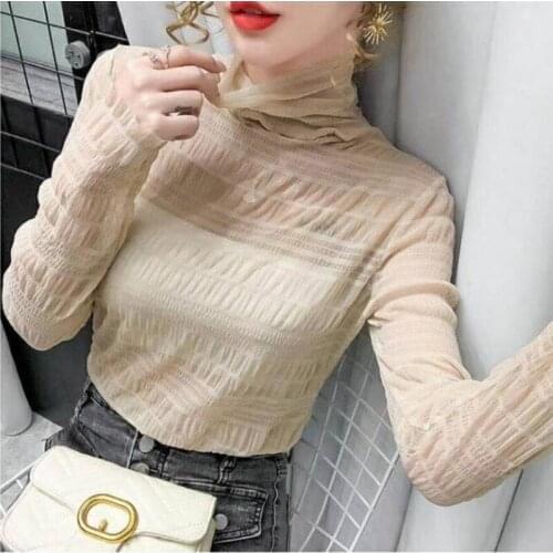 Spring Womens Bottoming Blouse Shirt High Neckline Perspective Tulle Sexy Long Sleeve T-shirt Ladies Inside Tops NW154