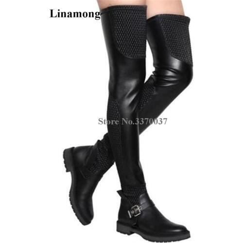 High Quality Women Winter Round Toe Black Elastic Flat Over Knee Boots Buckle Patckwork Knitted Long Flat Boots Big Size boots