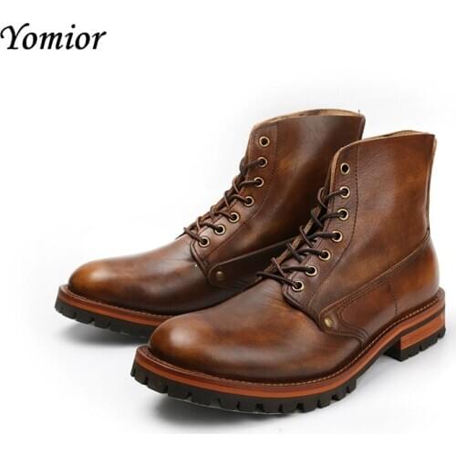 Yomior Handmade Tooling Shoes Vintage Men Genuine Leather Ankle Boots British Dress Goodyear Cowhide Motorcycle Boots Autumn