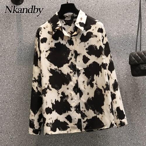 Nkandby Plus Size Women Shirts 2021 Summer Autumn Fashion Ink Print Vintage Style Blouses Long Sleeve Oversized Tops Female