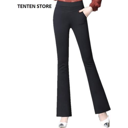 High waist push up flared pants womens bell bottom 4 way stretch bootleg Formal elegant office trousers with pockets black Navy
