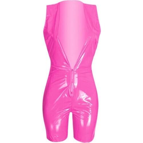 Women Jumpsuit Romper Bodycon Playsuit Shiny Wetlook PU Faux Leather Playsuits Shorts Party Clubwear Sexy Hollow Out Jumpsuit