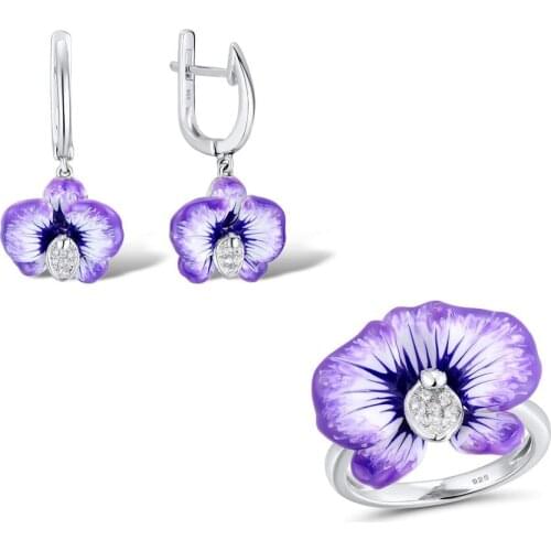 Ladies Peach Blossom Lotus Silver Wedding Jewelry Set Elegant Temperament Purple Enamel Flower Ring Necklace Earring Set