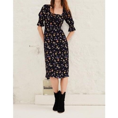 Women Dress Square Neck Retro Butterfly Print Dress Fresh Waist Waist Slim Long Skirt