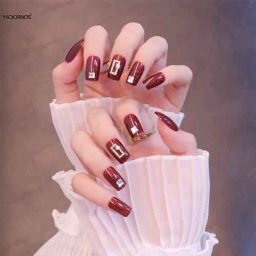 24pcs Decorated False Red Diamonds Wear Long Paragraph Fashion Manicure Patch False Nails Wearable Nail Patch Ty