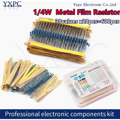 30values x20pcs=600pcs 1/4W (0.25W) 1% Metal Film Resistor Assortment Kit Set pack electronic diy kit 10R~1M ohm