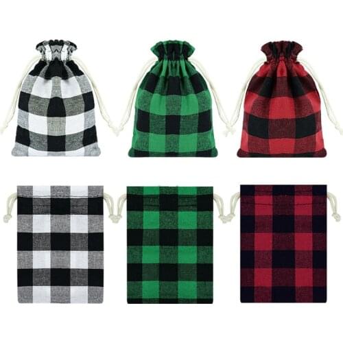 5pcs Linen Cotton Bag 10x14cm Red Green Plaid Gift Candy Packaging Bags Christmas Party Drawstring Gift Drawable Bags Present