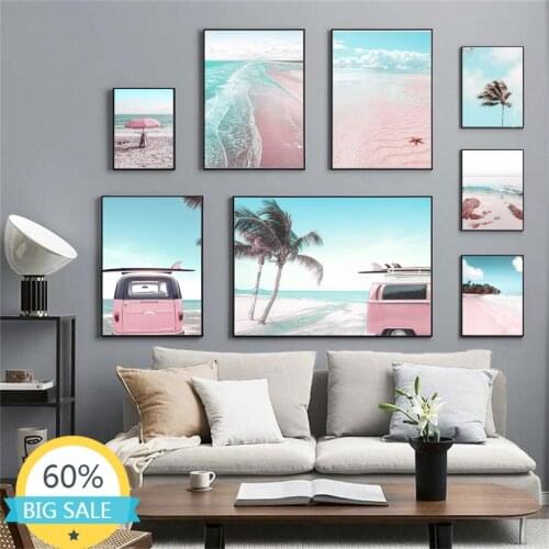 Diamond Mosaic Diamond Painting Sea Beach Pink Parasol Car Coconut Tree Cross Stitch Kits Diamond Embroidery Full Home Decor