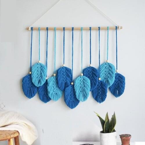 Boho Handmade Tapestry Macrame Leave Blue Decor Room Decor For Living Room Background Ornamnets Cotton Linen Handicraft