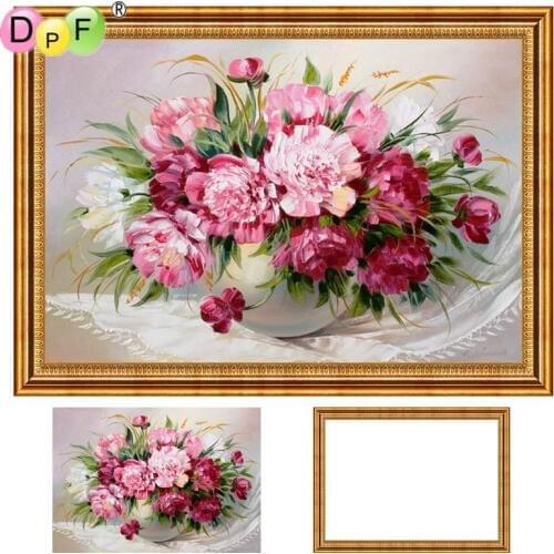 DPF Diamond Embroidery Pink Flower Diamond painting Cross Stitch full Round diamond Mosaic with Frame home decor Needlework gift