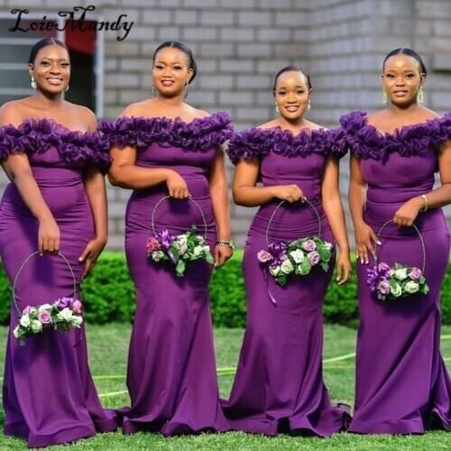 Purple Mermaid Long Bridesmaid Dresses 2021 African Wedding Guest Dress Sexy Off The Shoulder Vestido madrinha Cheap Under 100