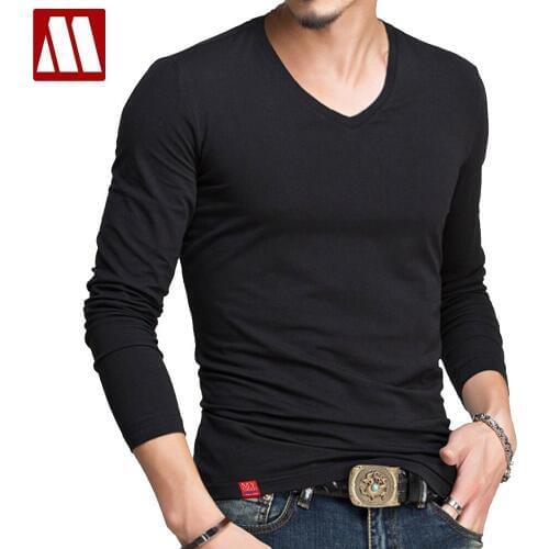 Hot Sale Classic Men Long Sleeve T-Shirt Fitness V Neck T Shirts For Mens Slim Fit TShirts Designer Solid Cotton Tees Tops 5XL