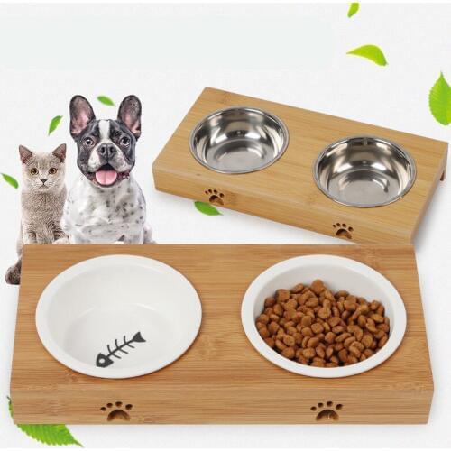 Hot Sale Dog Feeders Bowl Elevated Dog Cat Bowl Bamboo Tableware Ceramic and Stainless Steel Double Mouth Pet Feeder