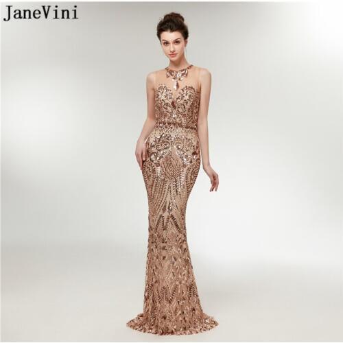 JaneVini 2018 Sparkly Gold Sequined Long Bridesmaid Dresses Plus Size O Neck Sleeveless Mermaid Floor Length Formal Prom Gowns