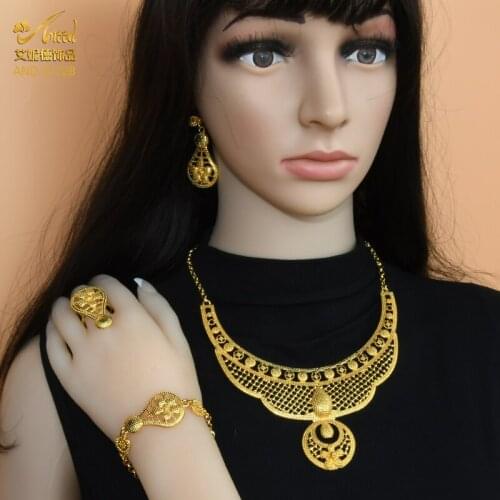 Dubai Women Gold Color Jewelry Sets African Wedding Bridal Ornament Gifts For Saudi Arab Indian Necklace Bracelet Earrings Set