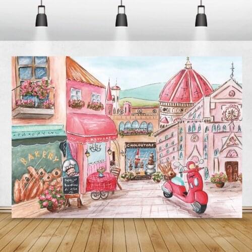 Laeacco Baby Drawing Pattern Old Town Street Shops Party Home Wall Decor Poster Photographic Background Photo Backdrop Photocall