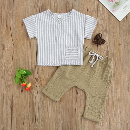 2Pcs Baby Boys Summer Tracksuit Cotton Linen Stripes O-Neck Shirts Tops+Solid Color Casual Pants Suit for Toddler Boys