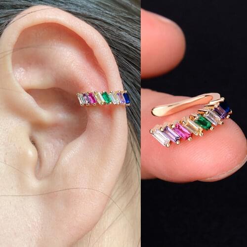 Fashion Gold Color Leaf Clip Earring For Women Without Piercing Vintage Crystal Flowers Ear Cuff Rainbow Earrings Girls Jewelry