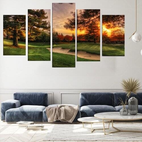 Modular Pictures Wall Art Canvas Painting Prints 5 Pieces Golf Course Trees Sunset Landscape Poster Room Home Decor Frame