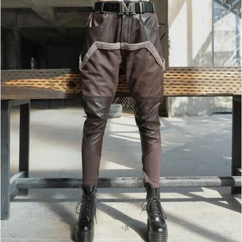 2020 winter womens new suede wash leather stitching harem pants trousers feet pants leather pants tide