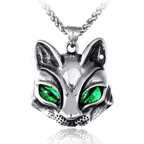 Cat head pendant necklace Stainless steel trend men and women personality Cat eye stone titanium steel pendant chain jewelry