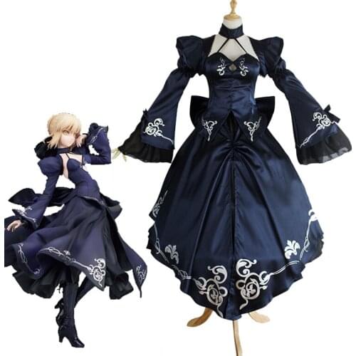 Hot Game Fate Stay Night Alter Saber Cosplay Costume Halloween Carnival Uniforms Womens Fashion Black Satin Dress Custom Made