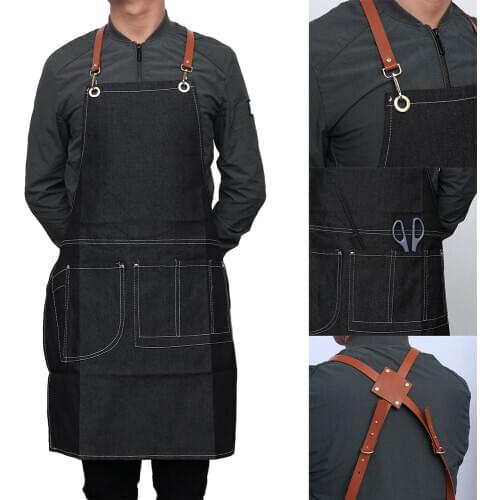 Adjustable Denim Work Apron Professional Multi-Pocket Cape for Salon Hairstylist Hairdresser Waiter (Black G Pattern)