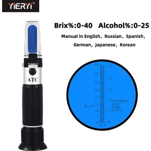 Yieryi Handheld Alcohol Refractometer Sugar Wine Juice Concentration Meter Densimeter 0-25% Alcohol Beer 0-40% Brix Grapes ATC
