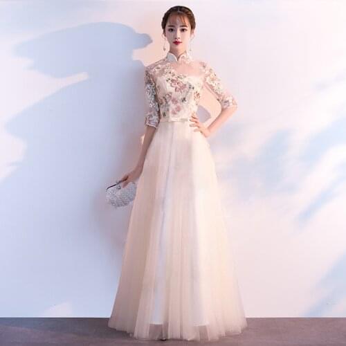 Sexy Perspective Mandarin Collar Female Lace Cheongsam Vintage Embroidery Flower Chinese Bride Wedding Dress Qipao Vestidos