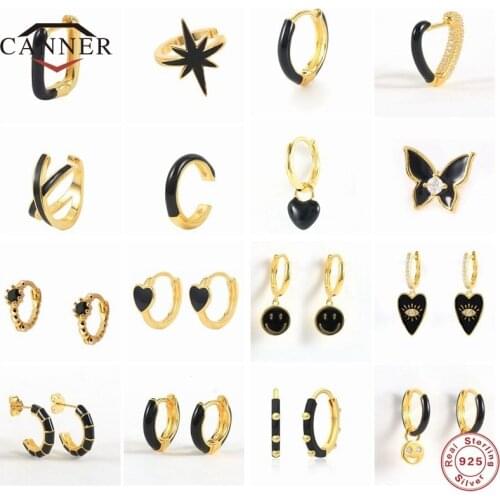 CANNER Fashion 925 Sterling Silver Black Enamel Piercing Huggie Hoop Earrings for Women Men Cartilage Earring Fine Jewelry Gifts