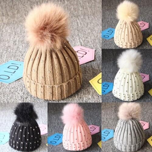 Newborn Infant Baby Girls Boys Cute Lovely Autumn Winter Warm Hats Double Fur Pom Bobble Knit Beanie Hats