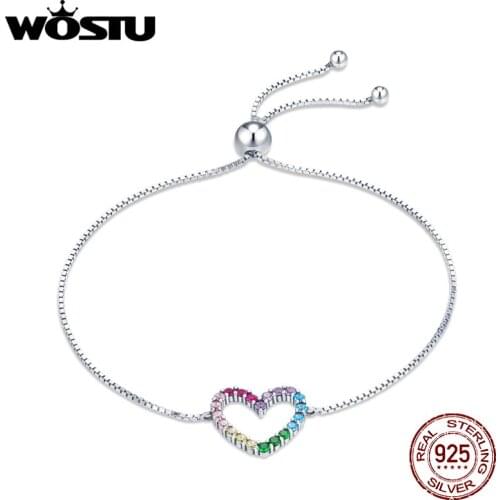 WOSTU 2021 925 Sterling Silver Bracelets Love of Rainbow Colorful CZ Adjustable Bracelet Chain for Women Fine Jewelry DXB216