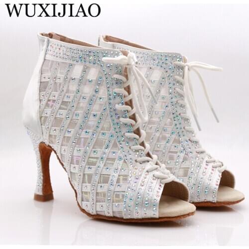 WUXIJIAO Latin dance high boots shoes soft sole shoes salsa ballroom ladies mesh dance shoes Cuba high heels 9CM