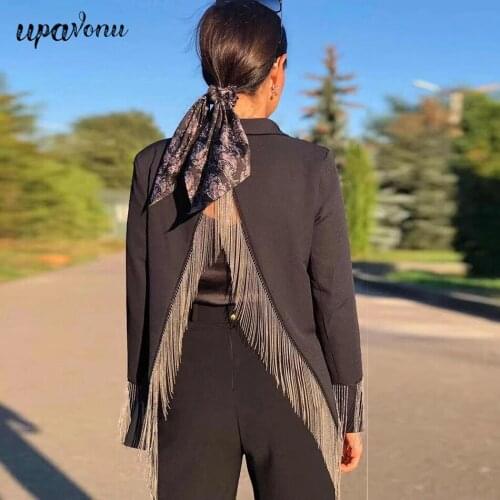 Free Shipping 2021 New Womens Black Blazer Fashion Halter Chain Design Tassel Blazer Lapel Long Sleeve One Button Blazer