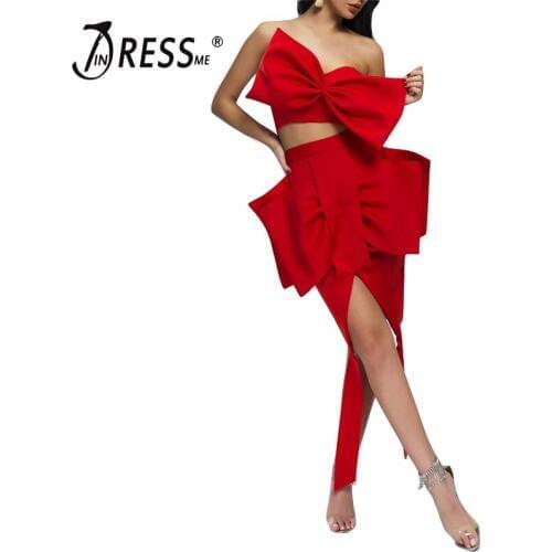 INDRESSME 2019 New Women Fashion Bow Sets Strapless Tops&Skirts 2 Two Pieces Set Celebrity Evening Party Club Sets Bodycon Dress
