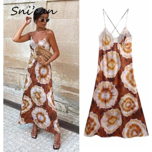 Brown Floral Lace Strap Dress Summer Casual Long Roupa Feminina Fashion Elegant Sukienka Letnia Za Women 2021 Vestidos Robe New