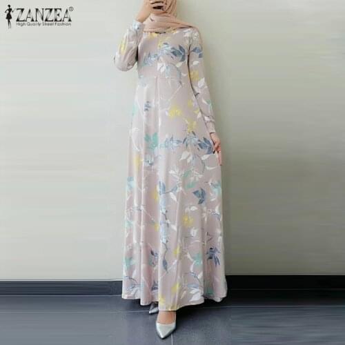 ZANZEA Muslim Dresses Women Vintage Long Sleeve Dubai Abaya Turkey Hijab Dress Islamic Clothing Floral Printed Maix Long Dress