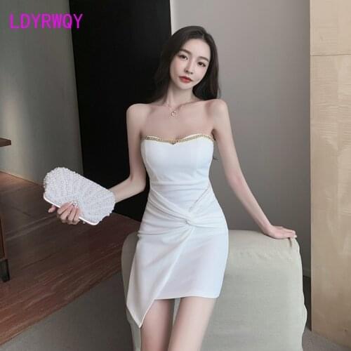 LDYRWQY 2021 low-cut sexy tube top bag hip dress temperament self-cultivation twist irregular tight-fitting
