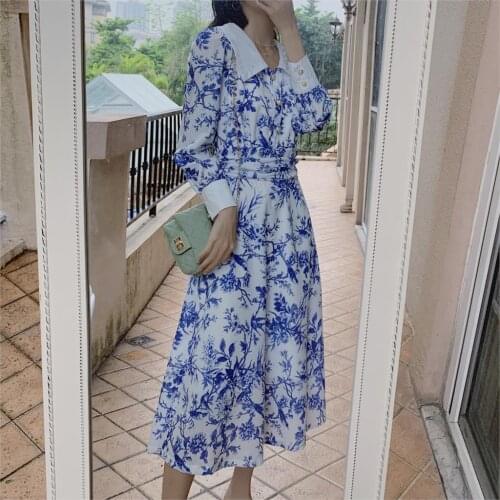 2021 new Korean Spring Sweet Floral Print Peter Pan Collar Long Sleeve Boho Beach Dress Elegant Casual Bandage Long Party Dress
