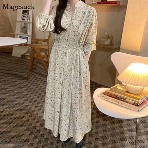 New Autumn Vintage V-neck Print Floral Dress Women Lantern Sleeve Party Midi Dress Drawstring Maxi Ladies Dresses Vestidos 12527