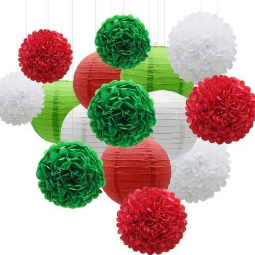 15pcs Red Green White Paper Flowers Pom Poms Balls and Paper Lanterns for Wedding Birthday Christmas Hanging Decorative Set