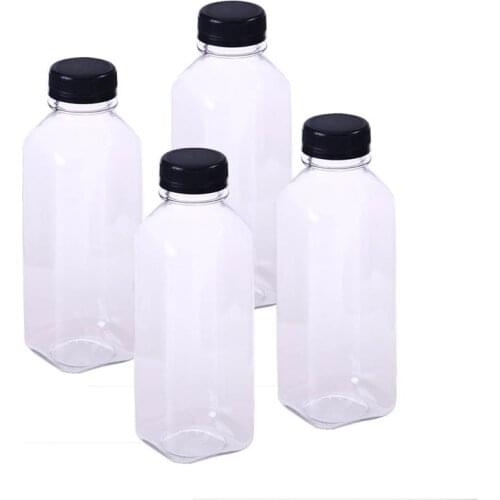 4Pcs PET Plastic Empty Storage Containers Bottles with Lids Caps Beverage Drink Bottle Juice Bottle Jar (Black Caps)