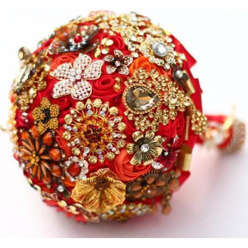 8-inch custom bridal bouquet,Indian-style bouquet of red and gold, red and gold wedding bridesmaid bouquets,Brooch bouquet