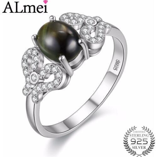 Almei Gray Star Sapphire Ring 925 Sterling Silver Jewelry Vitange Wedding Engagement Ring for Women with Gifts Box 40% FJ082