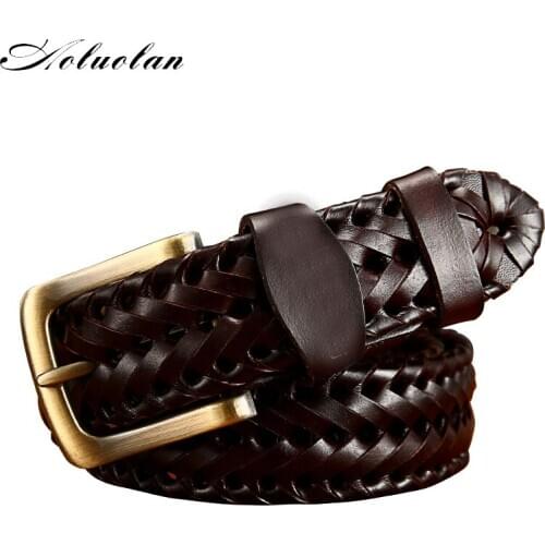 Aoluolan Braided Strap Genuine Leather Belt Pin Buckle Braided Belts For Men Quality Luxury Designer Handwoven